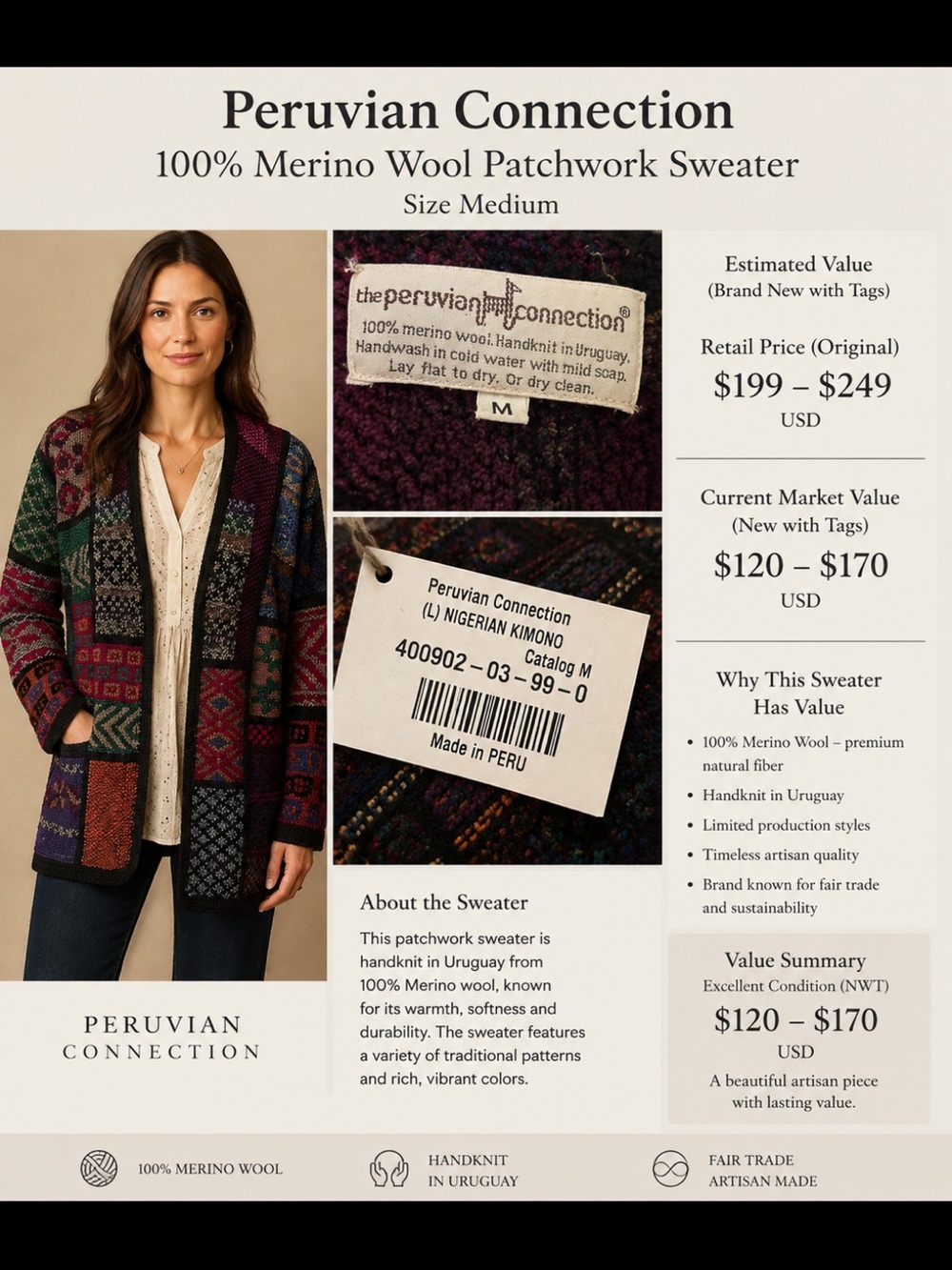 Peruvian Connection Multicolor Patchwork Merino Wool Cardigan